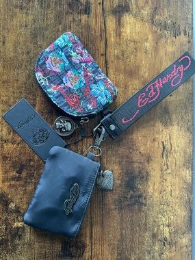 Ed Hardy Black 3 Piece Multicolor Tattoo-Print Pouch & Wristlet Keychain Set NWT